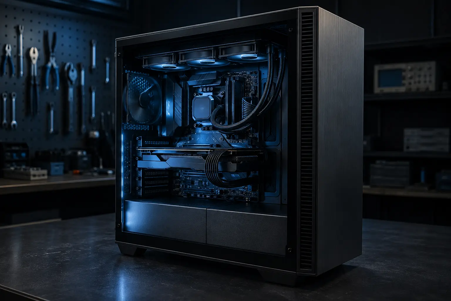 Illustrative finished custom desktop PC with clean component layout