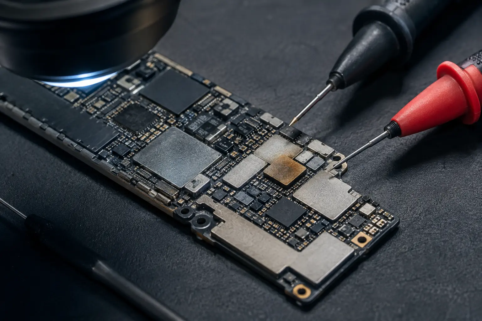 Illustrative close-up of a logic board being tested with diagnostic probes