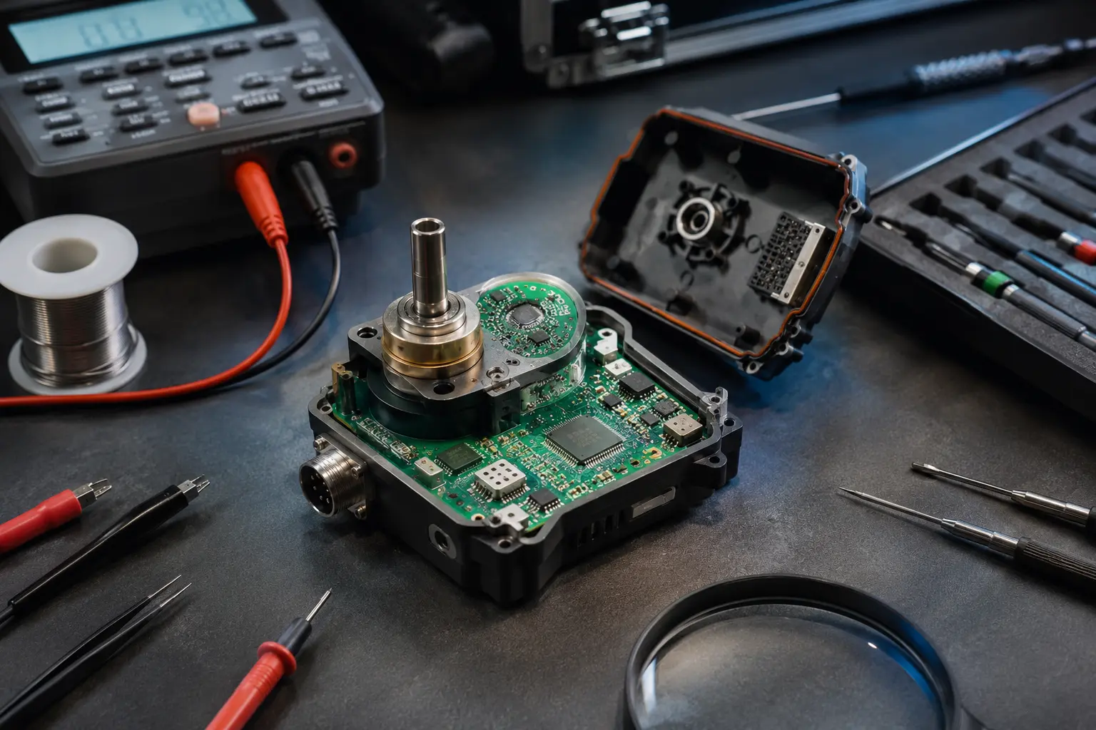 Illustrative industrial electronics module opened for testing