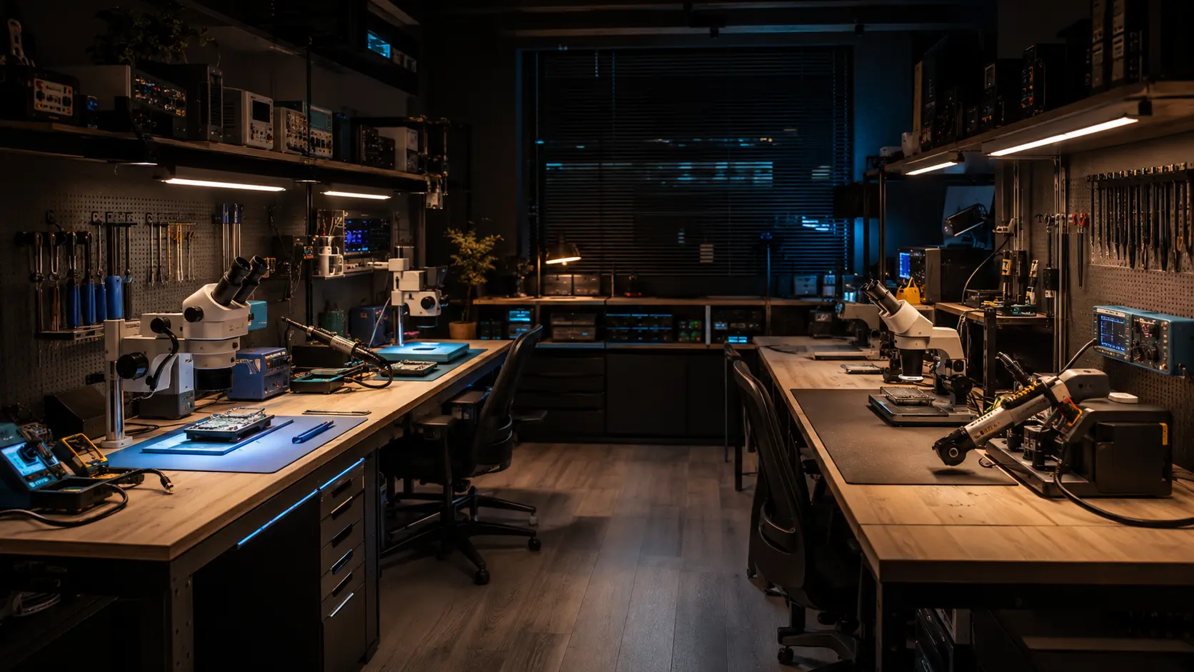 Illustrative view of a well-equipped electronics repair workshop without people